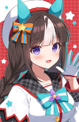1girl :d animal_ears beret blush bow braid breasts commentary_request gloves grey_sailor_collar hair_bow half_gloves hand_up hat hokko_tarumae_(umamusume) horse_ears long_hair looking_at_viewer low_twintails mauve medium_breasts multicolored_hair open_mouth plaid_clothes plaid_sailor_collar purple_eyes sailor_collar shirt smile solo star_(symbol) striped_bow twin_braids twintails two-tone_hair umamusume upper_body white_gloves white_hair white_hat white_shirt