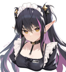 1girl barcode black_choker black_hair breasts choker collarbone commentary_request cropped_arms cropped_torso earclip frills hair_bobbles hair_ornament long_hair looking_at_viewer maid maid_headdress mary_(siino) medium_breasts multicolored_hair orange_eyes original pointy_ears signature siino simple_background solo streaked_hair torso twintails two-tone_hair upper_body white_background