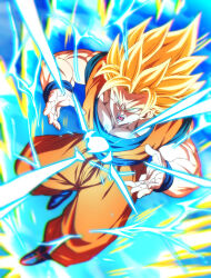 Rule 34 | 1boy, aura, blonde hair, blue boots, blurry, boots, chromatic aberration, commentary request, dougi, dragon ball, dragonball z, full body, green eyes, large pectorals, male focus, muscular, muscular male, open mouth, pectoral cleavage, pectorals, rom (20), solo, son goku, super saiyan, super saiyan 2, wristband