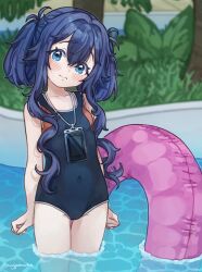 1girl arms_at_sides artist_name blue_eyes blue_hair cellphone closed_mouth commentary_request cowboy_shot flat_chest hair_between_eyes head_tilt highres kimi_no_koto_ga_dai_dai_dai_dai_daisuki_na_100-nin_no_kanojo kingjoshua long_hair looking_at_viewer phone pink_innertube pool school_swimsuit sidelocks smartphone solo standing swimsuit twintails twitter_username wading water yoshimoto_shizuka