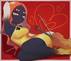 1girl absurdres armpits black_skin border bow_(music) bright_pupils cephalocrow closed_mouth cocktail_dress colored_skin dress eyelashes finn_feeder_(splatoon) highres instrument long_hair looking_at_viewer lying nintendo on_side orange_eyes orange_hair outside_border red_background solo splatoon_(series) splatoon_2 violin wavy_hair white_border white_pupils yellow_dress