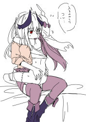 2girls black_hair boots commentary_request eyepatch fake_horns hair_bun heaven_burns_red highres horns licking_shoulder loli long_hair long_sleeves multiple_girls one_eye_covered partially_colored red_eyes sanpachishiki_(gyokusai-jima) sitting sitting_on_person tenne_miko thighhighs white_hair yamawaki_bon_ivar yuri