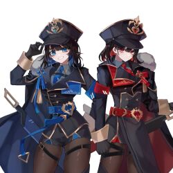 Rule 34 | 2girls, armband, black gloves, black hair, black jacket, black pantyhose, black survival, blue armband, blue eyes, blue necktie, commentary request, debi (black survival), eternal return: black survival, gloves, grey shirt, hat, highres, jacket, korean commentary, marlene (black survival), medium hair, military hat, military uniform, multiple girls, necktie, pantyhose, red armband, red eyes, red necktie, shirt, simple background, sj00, white background