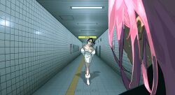 Rule 34 | 2girls, absurdres, alien stage, arms behind back, black hair, black shirt, boots, bow, commentary, dress, english commentary, hallway, highres, juliet sleeves, long hair, long sleeves, mizi (alien stage), mochiinery, multiple girls, off-shoulder dress, off shoulder, pink hair, puffy sleeves, shirt, short hair, signature, smile, sua (alien stage), sweat, tile floor, tile wall, tiles, walking, white boots, white bow, white dress
