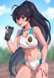 1girl absurdres antenna_hair bare_arms bare_shoulders black_hair blue_eyes blurry blurry_background blush bottle breasts buruma cleavage collarbone cowboy_shot day fang fingernails ganaha_hibiki high_ponytail highres hold111 holding holding_bottle idolmaster idolmaster_(classic) long_hair looking_at_viewer midriff navel outdoors ponytail solo sports_bra standing sweat very_long_hair very_sweaty