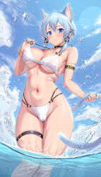 1girl animal_ears bikini bikini_top_pull black_choker blue_eyes blue_hair blue_nails blue_sky bracelet breasts cameltoe cat_ears cat_girl cat_tail choker cloud covered_erect_nipples highres jewelry kawase_seiki large_breasts large_variant_set looking_at_viewer multiple_bracelets navel ocean outdoors parted_lips pulling_own_clothes short_hair sinon sinon_(sao-alo) sky smile solo swimsuit sword_art_online tail thigh_gap thigh_strap variant_set wading white_bikini