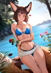 1girl animal_ears bikini blue_bikini blue_eyes breasts brown_hair collarbone commentary cup drinking_glass english_commentary flower forest fox_ears fox_girl fox_tail heart highres holding holding_flower jewelry kao_(miserel) looking_at_viewer medium_breasts miserel nature navel necklace nipples original rose short_hair sitting swimsuit tail tree uncensored water wine_glass
