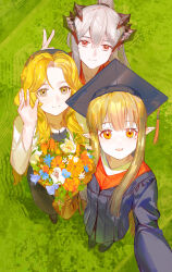 3girls absurdres alternate_costume arknights black_hat black_shoes blonde_hair bouquet brown_eyes brown_hair closed_mouth commentary dragon_horns elf flower from_above graduation grey_hair hat highres holding holding_bouquet horns kristen_(arknights) long_hair looking_at_viewer lyuqiu mole mole_under_eye mortarboard muelsyse_(arknights) multiple_girls multiple_horns on_grass orange_eyes parted_lips pointy_ears red_eyes robe saria_(arknights) selfie shoes tassel