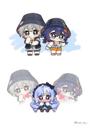 1boy 2girls :3 ahoge belle_(summer_skies)_(zenless_zone_zero) belle_(zenless_zone_zero) black_hat black_jacket black_shoes blue_hair blush brother_and_sister bucket_hat chibi chibi_only closed_mouth commentary crossed_bangs drill_hair full_body green_eyes grey_eyes grey_hair grey_shorts hand_up hat highres hue_oo jacket long_hair multicolored_hair multiple_girls official_alternate_costume open_clothes open_jacket open_mouth orange_shorts pointy_ears purple_hair red_eyes see-through_clothes see-through_sleeves shirt shoes short_hair short_sleeves shorts siblings simple_background standing streaked_hair symbol-only_commentary tied_shirt twitter_username two-tone_hair very_long_hair vivian_banshee watch white_background white_hair white_shirt white_shoes wise_(peaceful_waves)_(zenless_zone_zero) wise_(zenless_zone_zero) wristwatch yellow_shirt zenless_zone_zero