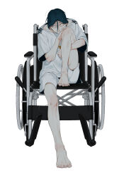 1boy absurdres barefoot closed_mouth commentary_request full_body highres knee_up leg_up looking_at_viewer maelo male_focus meguriya_ayumu shirt short_hair short_sleeves shorts simple_background sitting smile solo toshi_densetsu_kaitai_center triangle_necklace wheelchair white_background white_shirt white_shorts