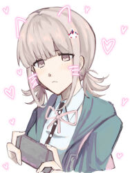 Rule 34 | 1girl, absurdres, ao no tori (aonotori), black shirt, blush, brown hair, collared shirt, cropped torso, danganronpa (series), danganronpa 2: goodbye despair, dress shirt, facial mark, hair ornament, handheld game console, heart, highres, holding, holding handheld game console, jacket, medium hair, nanami chiaki, neck ribbon, open clothes, open jacket, pink eyes, ribbon, shirt, solo, spaceship hair ornament, twintails, upper body, whisker markings, white shirt