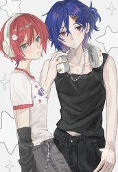1boy 1girl absurdres amate_yuzuriha aqua_eyes arm_warmers blue_hair blush character_hair_ornament colored_inner_hair commentary_request denim gundam gundam_gquuuuuux hair_ornament hairclip haro headphones headphones_around_neck highres jeans jewelry looking_at_viewer multicolored_hair necklace nnnyanrrr pants ponytail purple_hair red_eyes red_hair shirt short_hair short_sleeves shuji_ito sleeveless sparkle star_(symbol) tank_top two-tone_hair upper_body white_background