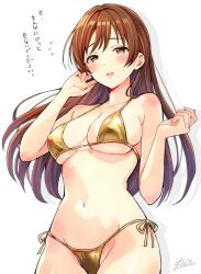 1girl absurdres bare_shoulders bikini blush breasts brown_eyes brown_hair cleavage collarbone commentary gold_bikini groin highres idolmaster idolmaster_cinderella_girls long_hair looking_at_viewer medium_breasts navel nitta_minami open_mouth popon_ta side-tie_bikini_bottom signature solo swimsuit thighs translated