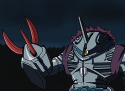 Rule 34 | claws, commentary request, cosplay, gundam, highres, kamado tanjirou, kamado tanjirou (cosplay), kimetsu no yaiba, mecha, mecha focus, mobile suit, mobile suit gundam, no humans, one-eyed, parody, reprilo channel, robot, science fiction, short hair, standing, weapon, zeon, zock