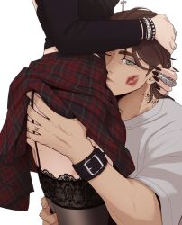 1boy 1girl black_pantyhose brown_hair couple eren_yeager goth_fashion grabbing_another&#039;s_ass green_eyes groping hanpetos lingerie lipstick_mark mikasa_ackerman pantyhose shingeki_no_kyojin skirt thighhighs underwear