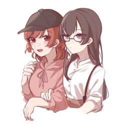 2girls aijou_karen baseball_cap bespectacled black_hair black_hat blue_eyes blush brown_eyes brown_hair buttons closed_mouth commentary_request cropped_torso dot_mouth drawstring glasses hand_on_another&#039;s_arm hand_up hat highres hirake_goma holding_strap hood hood_down hoodie kagura_hikari long_hair looking_ahead looking_at_another looking_to_the_side multiple_girls open_mouth pink_hoodie shirt short_hair short_sleeves shoujo_kageki_revue_starlight side-by-side simple_background swept_bangs three-quarter_sleeves white_background white_shirt