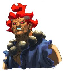 Rule 34 | 1boy, akuma (street fighter), anger vein, beads, clenched teeth, dark-skinned male, dark skin, dougi, grimace, highres, ikeno daigo, male focus, muscular, no pupils, official art, portrait, prayer beads, red eyes, red hair, sleeveless, solo, street fighter, street fighter iii (series), teeth, topknot, torn clothes, torn sleeves