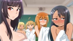 5girls black_hair blonde_hair breasts brown_eyes cleavage convenient_censoring dark-skinned_female dark_skin gamou_maki geewhy highres ijiranaide_nagatoro-san large_breasts long_hair looking_at_viewer multiple_girls nagatoro_hayase orange_hair red_eyes sakura_(nagatoro) short_hair sunomiya_sana towel twintails yoshi_(nagatoro)