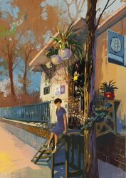 Rule 34 | 1girl, black hair, brick wall, building, day, entrance, fern, flower pot, house, looking at viewer, original, painting (medium), plant, potted plant, scenery, shadow, slow d, solo, stairs, traditional media, tree