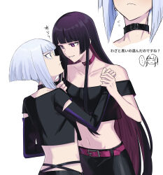 2girls absurdres aoki_shizumi belt black_collar black_hair black_shirt black_skirt blush choker_pull closed_mouth collar colored_inner_hair commentary_request flying_sweatdrops highres kurogane_otoha long_sleeves midriff multicolored_hair multiple_girls navel off-shoulder_shirt off_shoulder pink_belt purple_hair rock_wa_lady_no_tashinami_deshite shiraya_tamaki shirt short_hair simple_background skirt smile thick_eyelashes translation_request white_background white_hair yuri