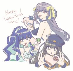 bb_(fate) bb_dubai_(fate) bikini black_dress black_serafuku braid braided_hair_rings brown_eyes brown_hair candy chocolate chocolate_heart colored_inner_hair cupless_bikini dress eyeliner fate/grand_order fate_(series) food frilled_bikini frills green_jacket grey_eyes hair_ribbon hair_rings heart heart-shaped_food high_ponytail highres jacket kishinami_hakuno_(female) kishinami_hakuno_(female)_(mooncancer) long_hair makeup multicolored_hair ponytail purple_hair ribbon school_uniform serafuku swimsuit tenochtitlan_(fate) tenochtitlan_(swimsuit_mooncancer)_(fate) tenochtitlan_(swimsuit_mooncancer)_(first_ascension)_(fate) toc_67 twin_braids white_background white_bikini yellow_ribbon