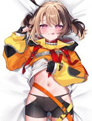 1girl ahoge belt brown_hair cameltoe chocola_vt fingerless_gloves gigi_murin gigi_murin_(1st_costume) gloves highres holojustice hololive hololive_english hooded_shrug huge_ahoge licking_lips lying midriff multicolored_hair multiple_belts on_back orange_hood orange_shrug red_eyes short_hair shrug_(clothing) solo tongue tongue_out two-tone_hair virtual_youtuber zipper