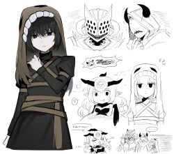 1girl 3boys asdf1211950 baphomet_(black_souls) black_dress black_eyes black_hair black_souls brown_veil dress fake_horns genderswap genderswap_(ftm) hein_(black_souls) helmet highres horned_helmet horns juliet_sleeves lindamea_(black_souls) long_sleeves miranda_(black_souls) multiple_boys partially_colored pointy_ears portrait puffy_sleeves wings