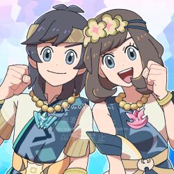 1boy 1girl belt black_hair bracelet capelet dress elio_(champion)_(pokemon) elio_(pokemon) hachisen hair_ornament jewelry looking_at_viewer nintendo official_alternate_costume open_mouth pokemon pokemon_masters_ex selene_(champion)_(pokemon) selene_(pokemon) shirt short_hair short_sleeves sleeveless smile upper_body