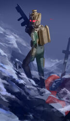 1boy blazpu bodysuit demonica glowing glowing_eyes green_bodysuit gun helm helmet highres holding holding_gun holding_weapon looking_back male_focus red_eyes shin_megami_tensei shin_megami_tensei:_strange_journey smoke solo standing tadano_hitonari weapon