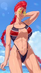 Rule 34 | 1girl, abs, arm behind head, beach, bikini, black bikini, blue sky, braid, braided ponytail, breasts, cleavage, cleavage cutout, closed mouth, clothing cutout, cloud, collarbone, cowboy shot, crimson viper, dark-skinned female, dark skin, day, earrings, glasses, gluteal fold, green eyes, groin, hair between eyes, halterneck, highleg, highleg bikini, highres, jewelry, large breasts, lips, long braid, long hair, looking at viewer, mature female, multicolored bikini, muscular, muscular female, navel, o-ring, o-ring bikini, o-ring bottom, ocean, one-piece swimsuit, one eye closed, outdoors, pince-nez, pompadour, red hair, rimless eyewear, single braid, sky, smile, solo, standing, strap gap, street fighter, street fighter iv (series), string bikini, sunglasses, swimsuit, tan, thighs, tinted eyewear, twin braids, two-tone bikini, very long hair, water, yagi2013, yellow-tinted eyewear
