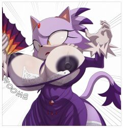 1girl alternate_costume animal_ears apathynsfw areola_slip ass blaze_the_cat breast_expansion breasts cat cat_ears cat_girl cat_tail curvy dress folding_fan forehead_jewel fur_trim furry hand_fan highres huge_ass huge_breasts nipples official_alternate_costume purple_dress solo sonic_(series) tail the_murder_of_sonic_the_hedgehog thick_thighs thighhighs thighs white_background wide_hips yellow_eyes