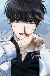 1boy absurdres black_eyes black_hair black_shirt blood coat collared_shirt dirty dirty_face dirty_hands gyo_(gyoza143gyoza) highres kim_dokja long_sleeves looking_at_viewer male_focus nosebleed omniscient_reader&#039;s_viewpoint open_clothes open_coat shirt short_hair solo white_coat