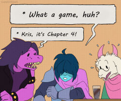 chocolate_milk commentary cupcakeshakesnake deltarune english_commentary english_text flying_sweatdrops glass glasses highres horns kris_(deltarune) meme ralsei shaded_face sharp_teeth speech_bubble susie_(deltarune) teeth tintin what_a_week_huh_(meme)