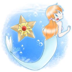 1girl air_bubble bikini breasts bubble closed_mouth earrings gen_1_pokemon green_eyes gym_leader jewelry long_hair looking_at_viewer looking_back mermaid mermaid_misty_(pokemon) misty_(pokemon) monster_girl monsterification necklace nintendo orange_hair pokemon pokemon_(anime) pokemon_(classic_anime) pokemon_rgby ponytail seashell shell shell_bikini smile solo staryu swimsuit underwater water