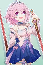 1girl bare_shoulders blue_collar blue_dress blue_eyes blue_hair bow bright_pupils clothing_cutout collar colored_tips commentary_request cowboy_shot detached_collar detached_sleeves dress drop_shadow dual_wielding holding holding_sword holding_weapon honkai:_star_rail honkai_(series) long_sleeves march_7th_(honkai:_star_rail) march_7th_(nascent_spring)_(honkai:_star_rail) medium_hair multicolored_dress multicolored_eyes multicolored_hair official_alternate_costume open_mouth pink_bow pink_collar pink_dress pink_eyes pink_hair pink_sleeves polka_dot_shadow short_dress smile solo sword tabibi_totola thighhighs tiara two-tone_eyes weapon white_pupils white_thighhighs