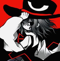 1other bare_shoulders black_background black_coat black_eyes black_hat blending closed_mouth coat collared_shirt colored_skin cowboy_shot detached_sleeves enraku_tsubakura expressionless eye_of_senri floating_clothes floating_hair from_behind green_hakama grey_hair hair_between_eyes hakama hand_on_headwear hat high_collar japanese_clothes len&#039;en light_frown long_sleeves looking_at_viewer looking_back medium_hair neck_ribbon red_background red_hat red_ribbon renlei_jing_shi_wo_ziji ribbon shirt sleeveless sleeveless_coat sleeveless_shirt solo top_hat two-sided_fabric two-sided_headwear two-tone_background white_shirt white_skin white_sleeves wide_sleeves