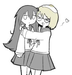 &gt;_&lt; 2girls black_hair blank_eyes blonde_hair closed_eyes egg_hair_ornament food-themed_hair_ornament glasses hair_ornament happy hug long_hair multiple_girls mushroom mushroom_hair_ornament neppyseagull open_mouth school_uniform shimeji_simulation short_hair skirt smile tsukishima_shijima white_background yamashita_majime