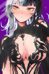 1girl absurdres alternate_costume black_dress black_hair breasts closed_mouth dress glitch grey_hair heart highres hololive hololive_english large_breasts long_hair looking_at_viewer multicolored_hair purple_background shiori_novella solo split-color_hair trashcan223 virtual_youtuber yellow_eyes