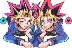 Rule 34 | 2boys, black collar, black hair, blonde hair, blue jacket, collar, commentary request, erk (okra ecory), grin, heart, jacket, lying, male focus, multicolored hair, multiple boys, muto yugi, on stomach, one eye closed, pink eyes, pink hair, smile, spoken heart, yami yugi, yu-gi-oh!, yu-gi-oh! duel monsters