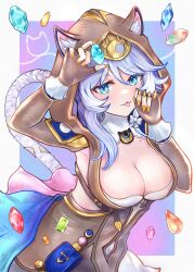 1girl absurdres afezeria animal_ear_fluff animal_ears animal_hood arm_up blue_eyes blue_gemstone border breasts brown_gloves brown_hood cat_ears cat_girl cat_hood cat_tail cipher_(honkai:_star_rail) cleavage commentary fingerless_gloves gem gloves grey_border hair_between_eyes highres holding holding_gem honkai:_star_rail honkai_(series) hood hood_up looking_at_viewer mole mole_on_breast orange_gemstone outside_border pink_gemstone purple_background purple_hair red_gemstone simple_background solo tail tongue tongue_out upper_body yellow_gemstone yellow_nails