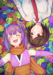 2girls akagi_iruka armpits artist_name brown_eyes brown_hair closed_eyes elbow_gloves gloves hair_ornament hairclip highres koga_konoha kusagakure_satoko laughing leaf light_blush long_hair looking_at_another lying multiple_girls necktie ninja_to_koroshiya_no_futarigurashi on_back on_ground open_mouth purple_hair school_uniform short_hair shuriken_hair_ornament side_ponytail teeth upper_teeth_only