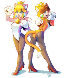 2girls animal_costume ass bell cat_peach catsuit crown earrings high_heels highres jewelry kitsune23star leotard mario_(series) multiple_girls nintendo one_eye_closed pantyhose paw_pose power-up princess_daisy princess_peach super_bell super_mario_3d_world super_mario_land