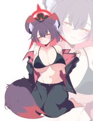 1girl absurdres alternate_costume amebrew animal_ear_fluff animal_ears bare_shoulders barefoot bikini black_bikini black_hair black_jacket black_pants blue_archive blush breasts cleavage closed_mouth colored_inner_hair fox_ears fox_girl fox_tail highres jacket large_breasts looking_at_viewer multicolored_hair navel pants red_hair sitting smile solo stomach swimsuit tail two-tone_hair wakamo_(blue_archive) wariza yellow_eyes zoom_layer