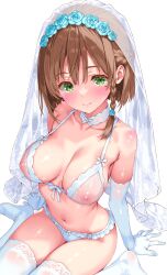 1girl absurdres arm_support blush bra braid braided_sidelock breasts bridal_veil brown_hair choker closed_mouth collarbone commentary_request elbow_gloves front-tie_bra gloves green_eyes highres iwato_(celler) lace lace-trimmed_thighhighs lace_choker lace_trim large_breasts looking_at_viewer mole mole_under_eye navel nipples original panties see-through_bra see-through_clothes shiny_skin short_hair simple_background sitting smile solo thighhighs underwear underwear_only veil wariza white_background white_bra white_choker white_gloves white_panties white_thighhighs