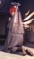 1girl absurdres arknights church exusiai_(arknights) feet hair_over_one_eye highres looking_at_viewer looking_back medium_hair mimuxiao nun open_mouth own_hands_clasped pantyhose red_hair soles toes yellow_eyes