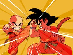 2boys bald black_eyes black_hair blocking dragon_ball dragon_ball_(classic) fighting kicking kuririn martial_arts multiple_boys serious son_goku tail world_martial_arts_tournament