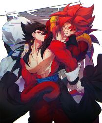 Rule 34 | black hair, blue eyes, blue sash, closed mouth, dougi, dragon ball, dragon ball gt, dragon ball heroes, earrings, gloves, gogeta, jewelry, long hair, male focus, metamoran vest, monkey boy, monkey tail, multiple boys, muscular, muscular male, ommmyoh, pants, potara earrings, red fur, saiyan, sash, smile, spiked hair, super saiyan, super saiyan 4, tail, time patrol (dragon ball), twitter username, vegetto, vegetto (xeno)