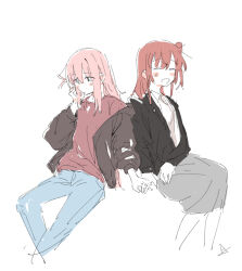2girls bocchi_the_rock! gotoh_hitori holding_hands kita_ikuyo multiple_girls pants pink_hair raven_(099stardive) sitting yuri