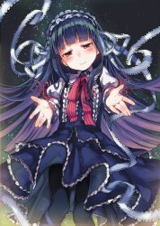 Rule 34 | 10s, 1girl, black pantyhose, blue hair, blush, dress, female focus, gothic lolita, hairband, idolmaster, idolmaster cinderella girls, lolita fashion, lolita hairband, long hair, looking at viewer, nemeko, outstretched arms, pantyhose, red eyes, sajo yukimi, smile, solo