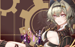 1girl absurdres aponia black_hairband breasts brown_eyes brown_gloves brown_hair brown_shrug chinese_commentary cleavage commentary_request eden_(honkai_impact) fu_hua gear_hair_ornament gloves griseo hair_between_eyes hair_intakes hair_ornament hairband highres honkai_(series) honkai_impact_3rd kosma large_breasts looking_at_viewer red_pupils short_hair sitting solo su_(honkai_impact) thighs vill-v wu_hai yae_sakura yae_sakura_(goushinnso_memento)